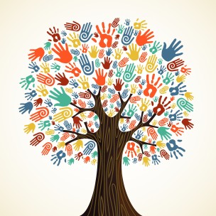 An illustration of a tree, maybe a maple, with different colored hands for leaves, in a metaphor for diversity and community